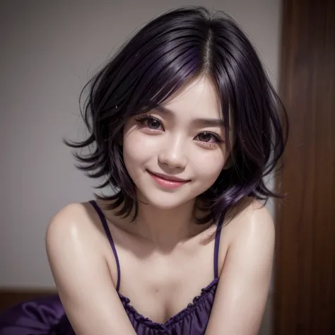 komi shuuko, simple background, dark purple eyes, short wavy hair, dark purple hair, smiling, seductive