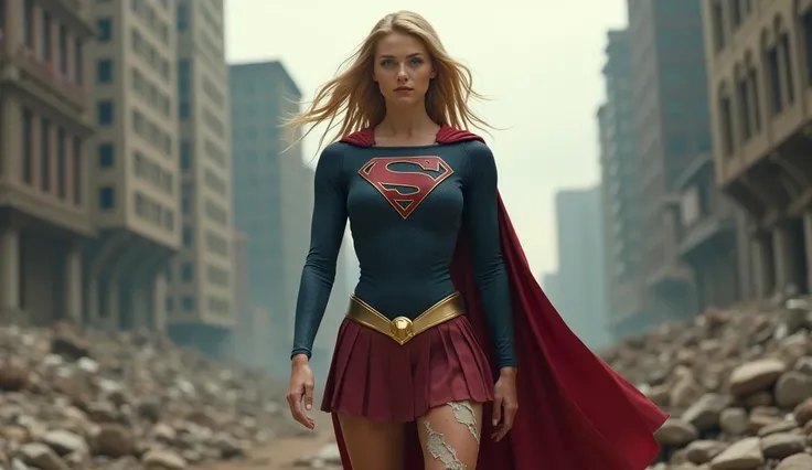 Supergirl standing with her clothes torn in half showing parts of her breasts and abdomen,In the midst of a wrecked city  