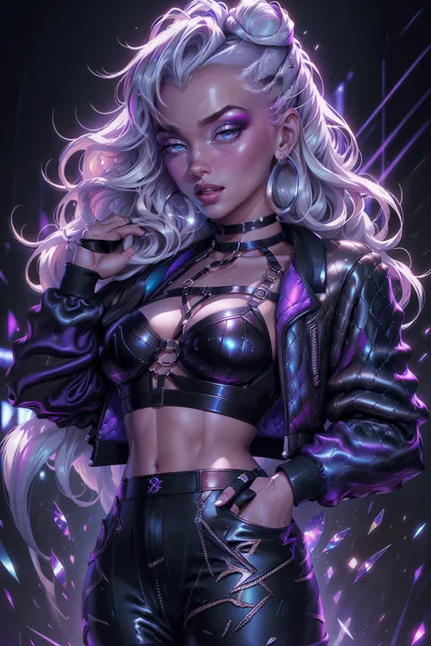 { - anatomy error} (Masterpiece - Ultra-detailed, very high resolution) 1woman, 30 years old, evekda, white hair, earings, in black, cropped purple-blue jacket, (harness bra), 3d, render, dinamic poses