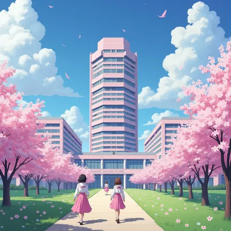 Create a thirty-story school called Sakura School. color pink and white  .  with Sakura flower tree on the sides and a green field. Walking .  in their uniforms .  pink skirt and white dress .  a pink ribbon around the collar of the white blouse .