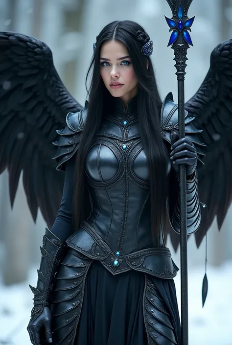 Create final fantasy style a beautiful Valkyrie woman with long straight hair shimmering black with blue eyes with braids in her hair with a round butt perched with very plump breasts with thick thighs wearing beautiful shimmering black metallic armor with...