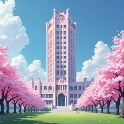 Create a thirty-story school called Sakura School. color pink and white  .  with Sakura flower tree on the sides and a green field.