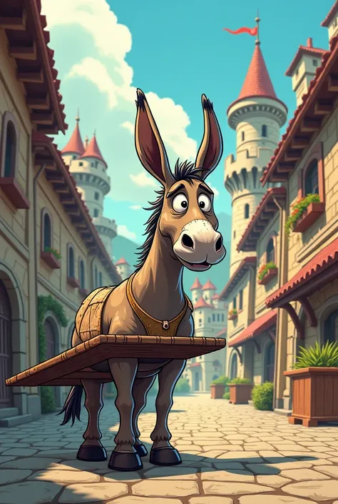 Cartoon poor donkey in the castle street carring the wooden wheel table 