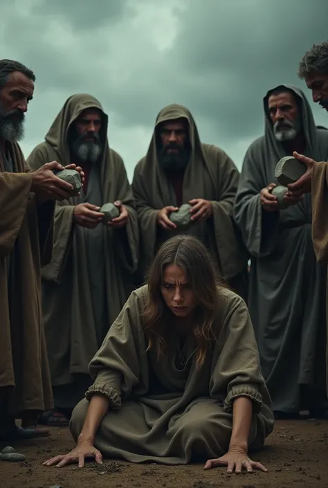 ChatGPT 4th mini Login You said:
Crie um prompt:
 Create an ultra realistic 8k cinematic image of various Pharisees Angry with stones in their hands, the angry faces ,  a woman a little dirty and her clothes a little torn is huddled on the floor and afraid...