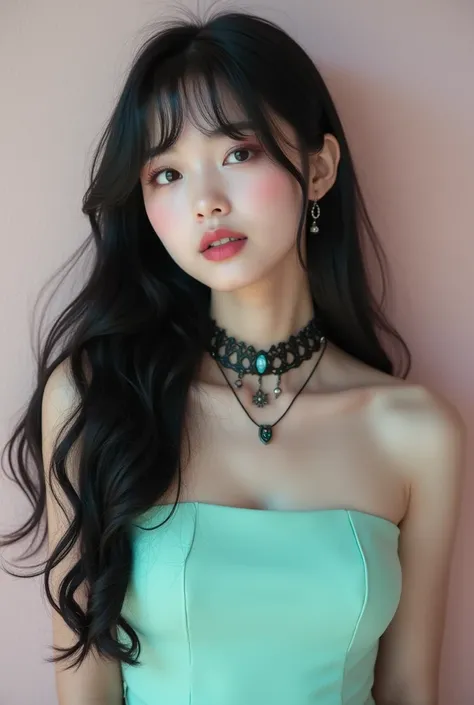 girl,   Long black hair,  black eyes, beautiful, Strapless mint dress , gothic necklace, cores pastel, close-up do rosto, flat, lip gloss, brat, Korean, straight bangs,  looking up ,  female,  modern view ,  turquoise highlights on the fringe