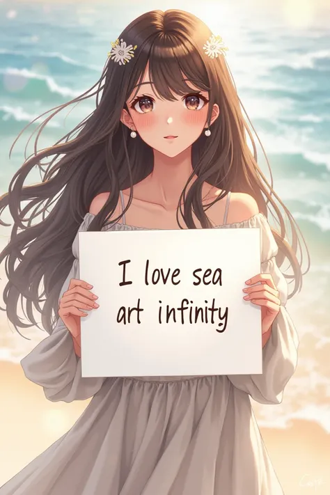  Beautiful girl with long wavy hair, bohemian dress, holding a white board with the text " I Love Seaart Infinity "  and showing it to the spectator, anime, short , Clothes