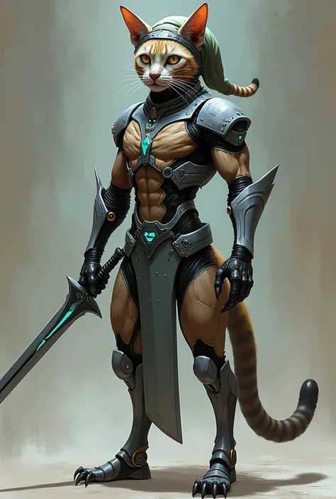 with features of a cat in cybernetic armor with an elf hat and that is muscular and wears an es
sword 