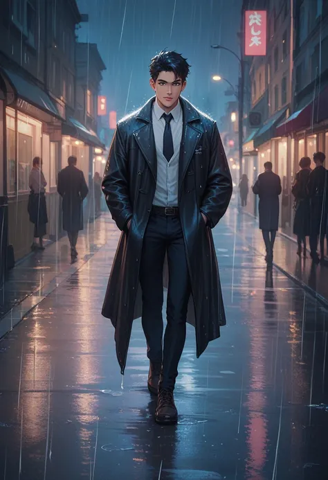 Man with short black hair coat and tie walking alone on the street at night in the rain 