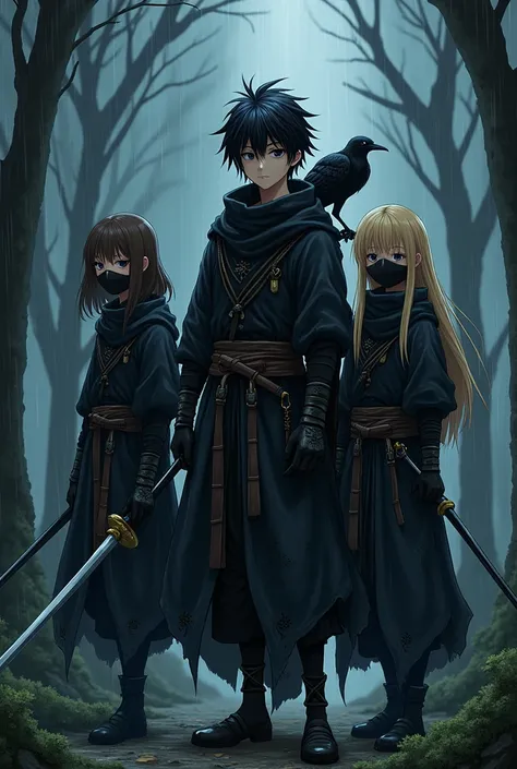 Three ninjas together, One Anime boy, Two anime girl, they are ninjas, (a raven sits on the boys shoulder, boy has medium length hair, half black hair, half white hair, hair spiked and long, dark eyes, sharp eyes, grey blue eyes,) (the girl on the left has...