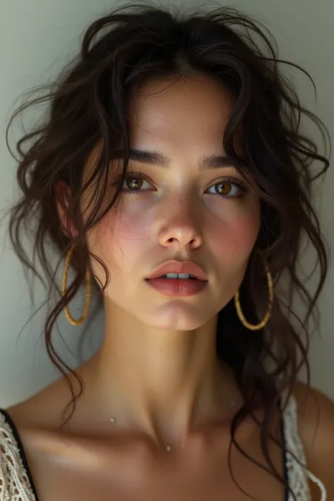 The  with the hair: long, curly and dark brown ,  with a messy and natural look .
face: thin, with defined features,  thin nose and expressive brown eyes .
Skin: clara,  with a light touch of dark circles that reinforce your air "sloppy rockstar ".