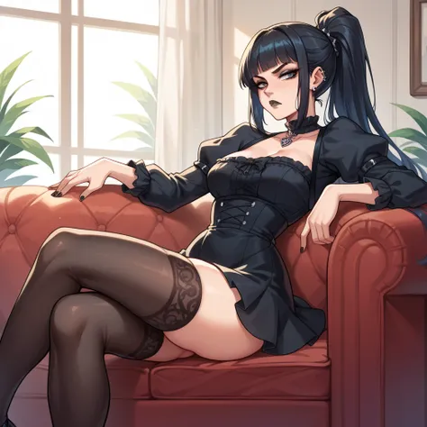 Woman, gothic casual dress, stockings, Serious face, black lips, Arrogant posture, sitting on a couch, Puff sleeves, ponytail hair, 