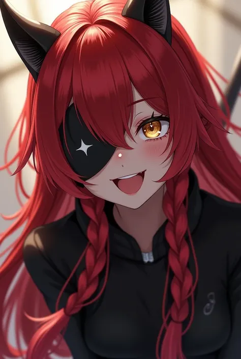 solo, Long Hair,  red hair,  black hair,  hair to hide one eye,  shiny hair,  gradation color hairstyle ,  hair that flutters like, Intake,  two braids hanging down both sides , Pointy Ears,  open your mouth slightly,  golden eyes, Vertical pupil/Cat&#39;s...