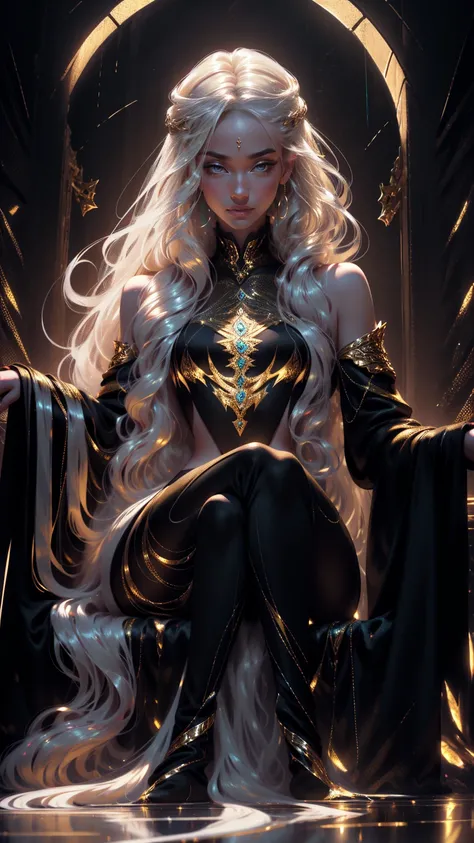 {-erro_de_anatomia:1.0} elf, she has very long hair, flowing white hair (waves) and pale, almost ethereal skin. Her eyes are a deep yellow, giving her an otherworldly appearance. She dresses in flowing robes of dark golden and black, often adorned with sym...