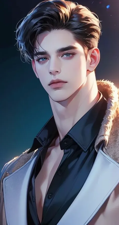 (best quality,4k,8k,highres,masterpiece:1.2),ultra-detailed,(realistic,photorealistic,photo-realistic:1.37),30 year old man,3 day beard,handsome anime,portraits,strong,masculine,dark hair,sharp jawline,mesmerizing eyes,perfectly styled hair,cool anime outf...