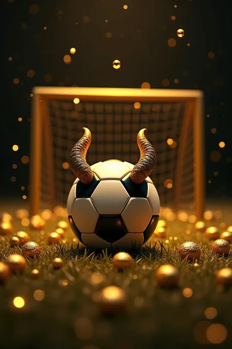 Create an image with a black background and golden candies  ,  a soccer goal of the same color gold and a soccer ball in the center that has horns 