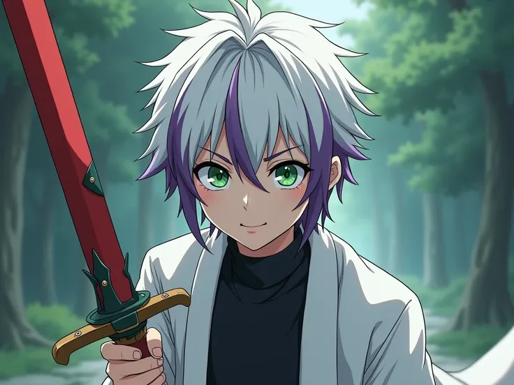 a cartoon image of a guy perfect smile, green eyes with white hair with purple streaks and a black shirt, white robe,red and green scraft an anime drawing inspired by Itō Ogura Yonesuke, tumblr, shin hanga, orange - haired anime boy, handsome guy in demon ...