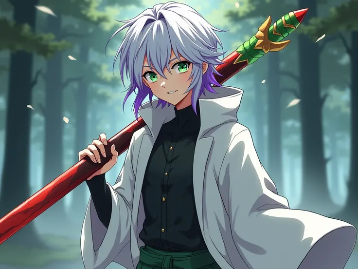 a cartoon image of a guy perfect smile, green eyes with white hair with purple streaks and a black shirt, white robe,red and green scraft an anime drawing inspired by Itō Ogura Yonesuke, tumblr, shin hanga, orange - haired anime boy, handsome guy in demon ...