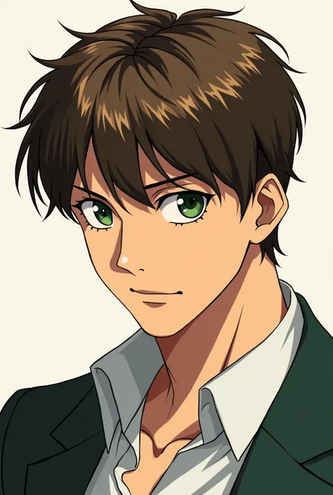  anime-type manga man green eyes, brown hair and little short ,  older than 28 