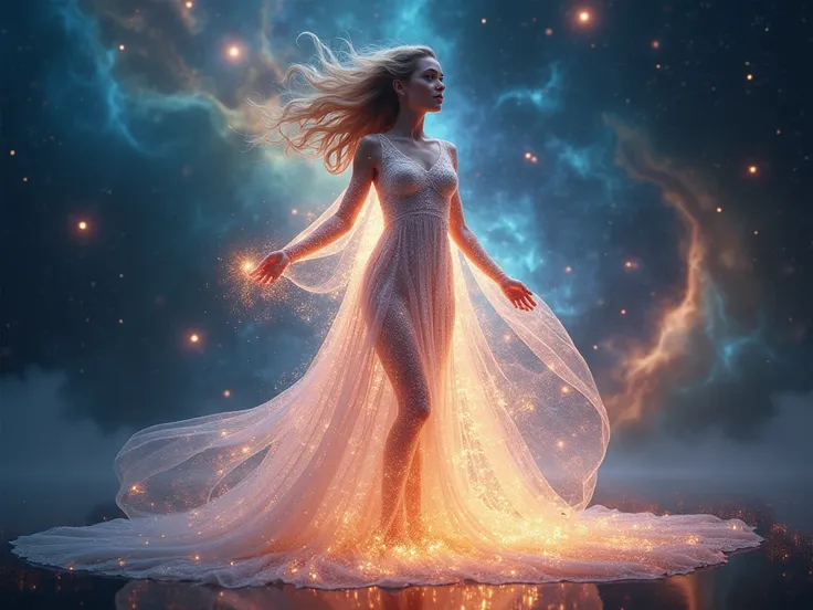 A stunningly beautiful woman with radiant facial features and an ethereal, translucent form. Her body shimmers softly with cosmic energy, but is gracefully draped in flowing, semi-transparent celestial fabric that glows with starlight, subtly veiling her f...