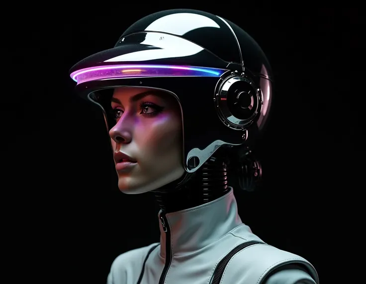 A futuristic 1970s-style female cyborg figure with a glossy, metallic black and white finish. The head is covered by a sleek helmet with a horizontal visor that emits lights in a vibrant gradient, creating a prism effect. The helmet design includes technol...