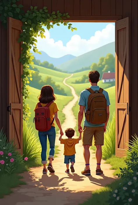 a mom, Dad and his two-year-old son at the door of their country house with a backpack looking at a long hiking path.