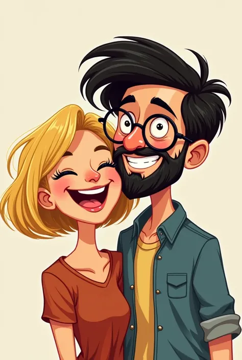 Couple of a short-haired blonde woman , distributed in half,  slightly messy black-haired man , with glasses,  with a more defined beard in the goatee, smiling together. 2D Style