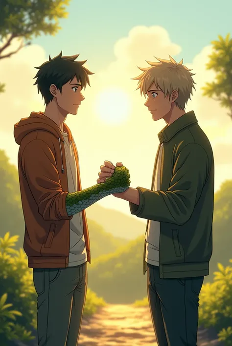 Two man friends with his right handshake with one another in which one man hand is made of snake   .  Anime pic look realistic