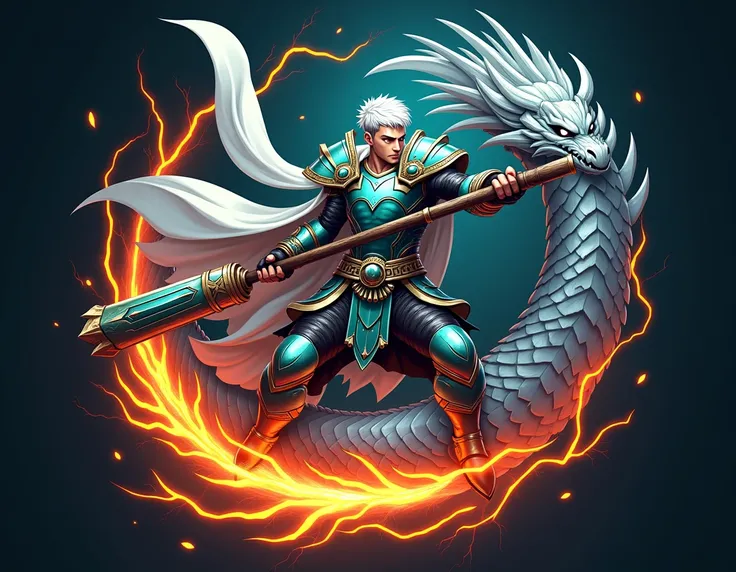  a team logo for the match ,  a warrior with short white hair wearing silver-green armor black detail and white cape, with an Aztec club ,  and a silver dragon around , flames around, Lightning and Thunder 
