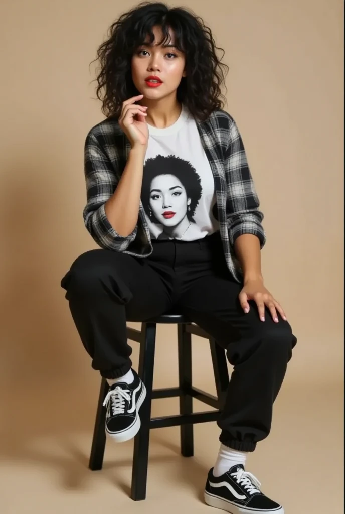 The image features amira seated casually on a stool against a neutral beige background, exuding a relaxed, streetwear-inspired vibe. She wears a white graphic t-shirt with a bold black-and-white portrait print, layered with a loose plaid shirt that drapes ...