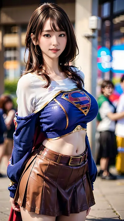 1 girl，big tit female body set ，  supergirl costume dress，skirt、ミニskirt、cutting clothes，close，  off shoulder outfit，charming，  p...