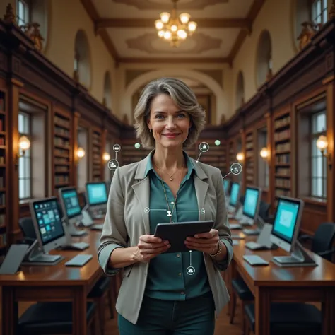 a female librarian integrating technology into the library