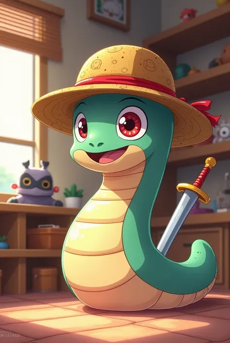  Make a 2D anime worm with Luffys hat,  with a beautiful smile ,  sharingan on one eye , in a one bedroom setting,  where the shelves have ,  a plush kurama , Gojo headband ,  sword of the rod leaning against the wall 