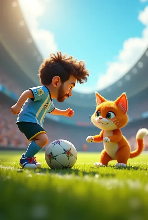 Lionel messi with a football at his feet and a little cat in the goal, pixar style