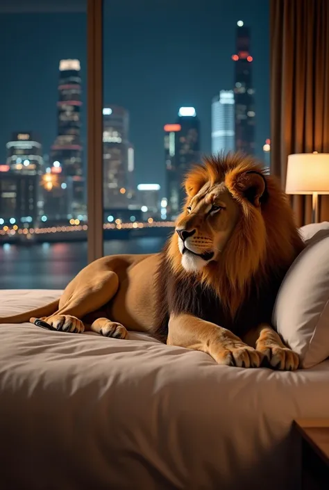 Generate an image of lion who is sleeping on the bed in a modern hotel room, in the background its glass window and nighttime outside of city. Ultra HD, High resolution, cinematic Image”