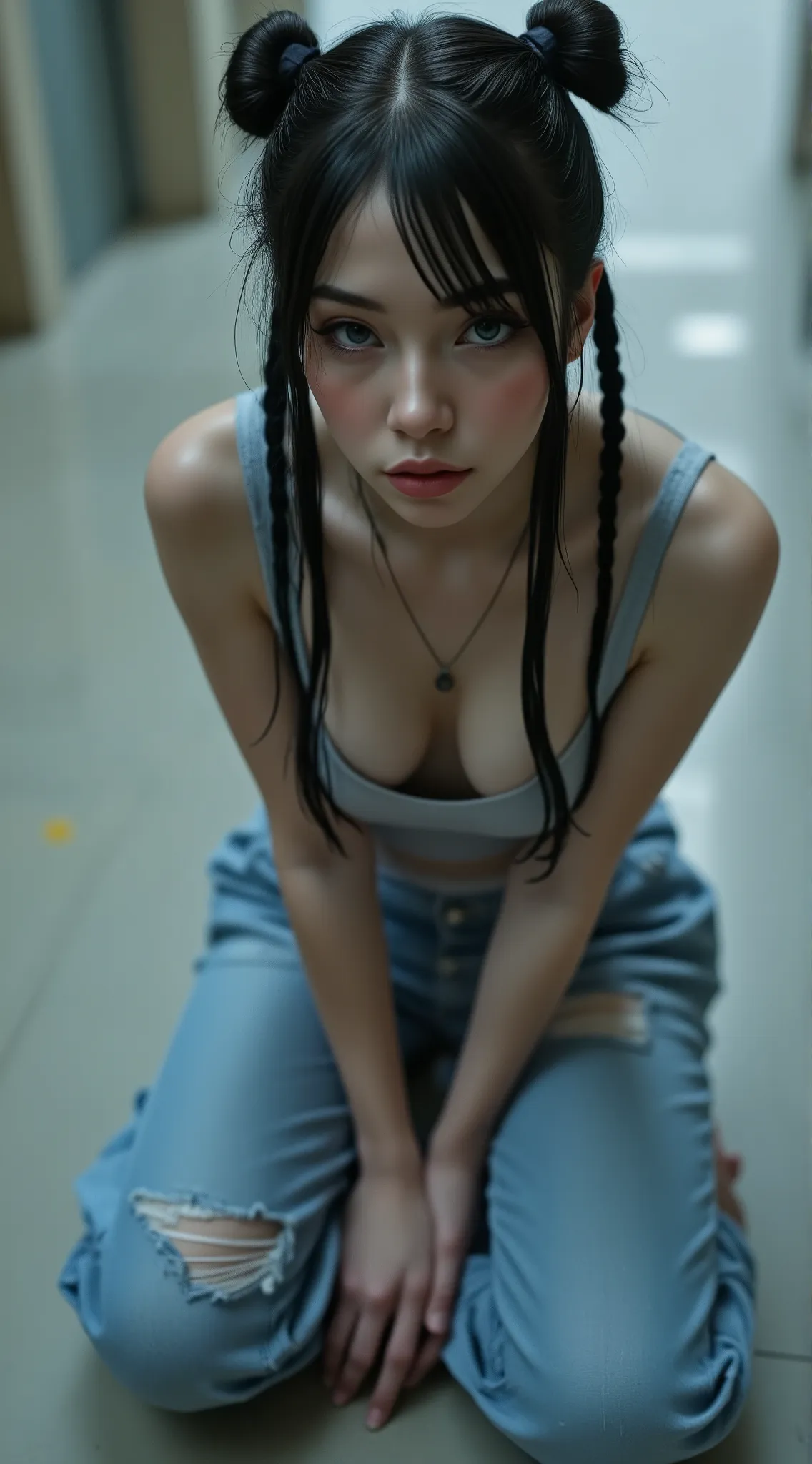 a close up of a person sitting on the floor with torn pants, is kneeling,  with her arms between her legs , the camera is up ., ...