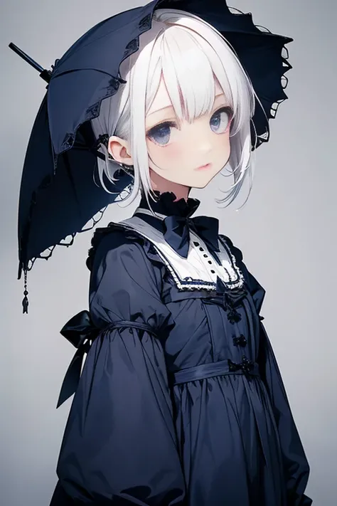    short white hair, (( masterpiece:1.2)).   Gothic Lolita  、((Navy blue clothes )).Front、 Upward Glance    。