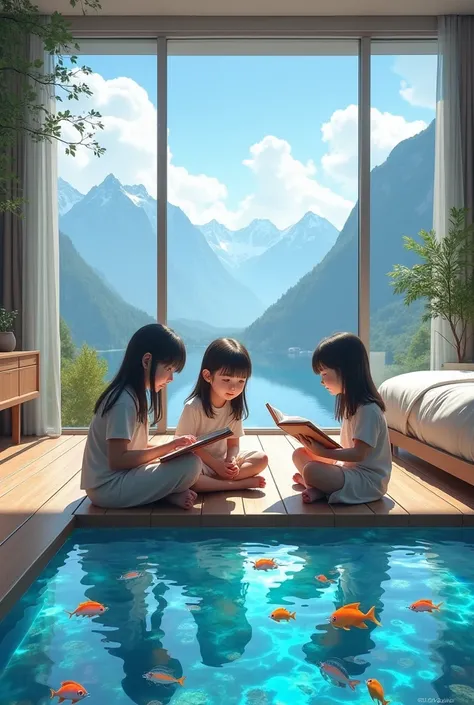 ren bedroom, A spacious bedrooms with aquarium inside the floor whic closed by glass floor,many fish in the  floor aquarium, modern luxury room,  have windows with full glass, mountain view outside, 3 small girl, playing and learning togethe on the floor, ...