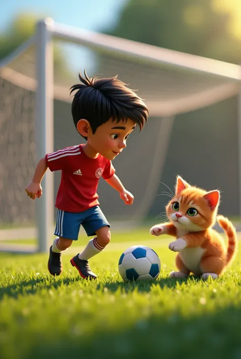 Christiano renaldo with a football at his feet and a little cat in the goal, pixar style