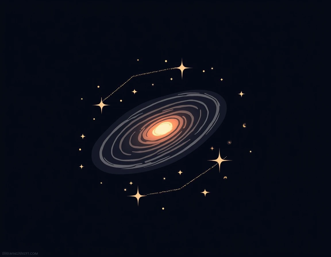 logo, simple vector drawing of a spiral galaxy with a few stars around, each star is connected to the closest stars by straight lines representing the connection between the nodes of a network
