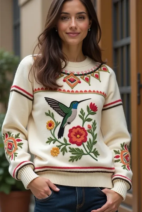 Buso  (Below):

material:  Thermal cotton ,  in white or warm beige .

Design:

in the chest:  Embroidery of a hummingbird surrounded by native flowers in soft tones  (green, red, yellow).

on the sleeves:  Subtle embroideries of country landscapes with tr...