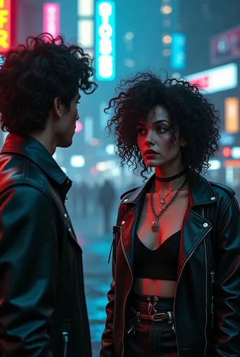 A woman with curly hair who doesnt look him straight in the eye when talking to a guy, Cyberpunk