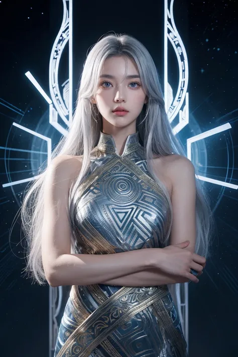 Height 170cm, Weight 56 kg . long silver hair, Odd eye,  the right eye is blue, The left eye is golden .  An ancient rune pattern is engraved like light on the left arm.,  pattern shine more clearly when activated .