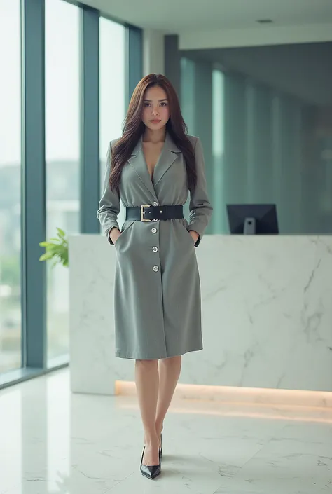 A cinematic fashion photoshoot in a modern office lobby with marble floors and tall glass windows reflecting soft daylight. The Thai woman model stands confidently in front of a minimalistic reception desk, wears a fitted grey blazer dress with a subtle sl...