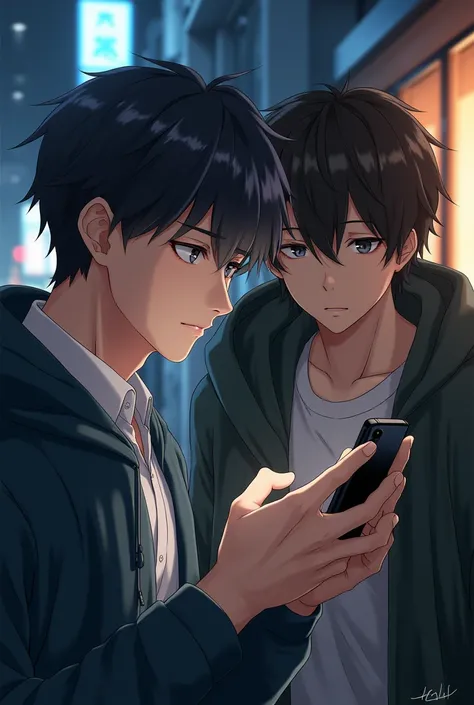 One man is looking in his phone and other man behind looking secretly to that man see what the the man looking his phone. Anime pic look realistic