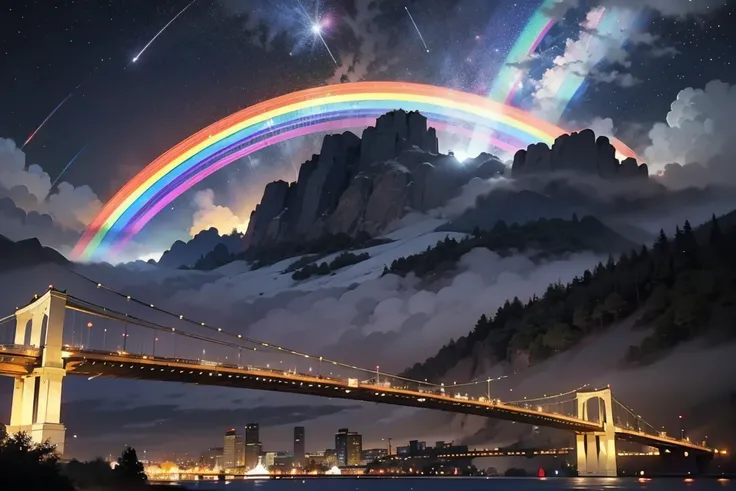  absurd, realistic lighting, (abyss), beautiful輝き、 fantasy、 dynamic angle 、 colorful lights、Wide-angle lens,((Rainbow Bridge))、masterpiece、beautiful、Exquisite、4K、 happy 、In the sky、In the clouds、 Surrounded by Stars and Meteor Showers