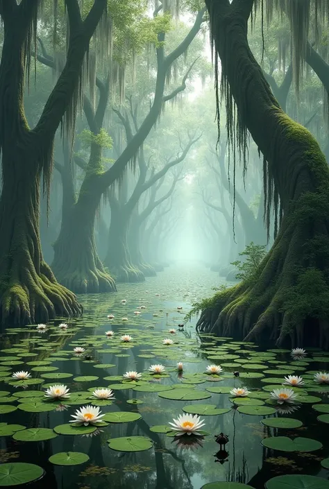 A picture of a huge swamp filled with water lilies