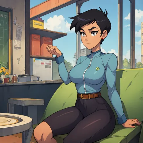 score_9, score_8_up, score_7_up, BREAK,  1girl, Lois Lane, solo, breasts, clover (totally spies), very short black hair, short hair, grey eyes, , red bodysuit, belt, sitting,