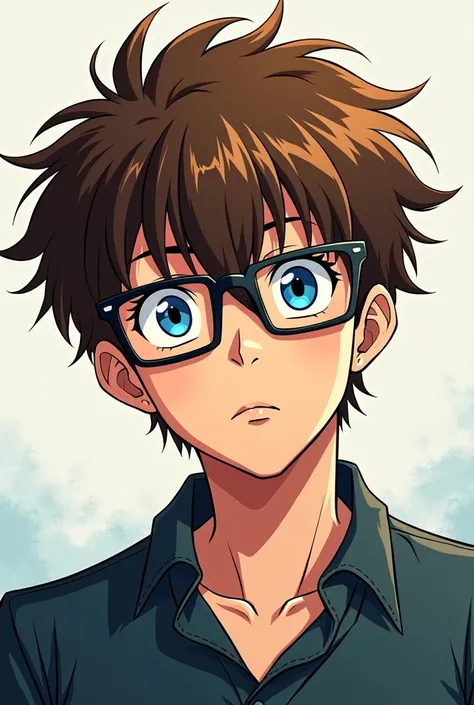 man with glasses, with brown hair ,  blue eyes , in the style of the anime Dan da Dan