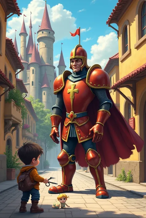 Cartoon In the castle street  the rude knight staring at the poor boy . The id cutting a clothes with big scissors for his doll