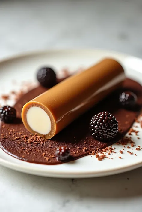  a tube of coffee gel filled with vanilla cream ,  on a land of chocolate decorated with fake caviar, all assembled on a round white plate . The tube must be lying on the chocolate ground 